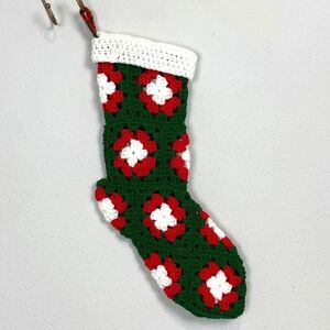 Vintage Handmade Granny Square Knit Christmas Stocking Green & Red